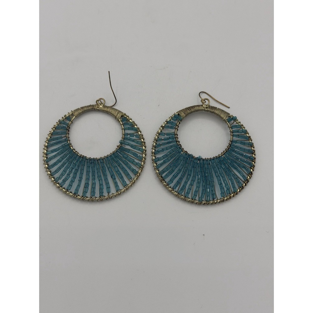 Turquoise Beaded Hoop Earrings Boho Gold Tone Wire Wrapped Dangle